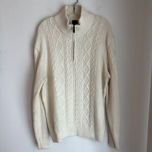 Saks Fifth Avenue Women Ivory quarter Zip Up Cable Knit wool blend Sweater XL